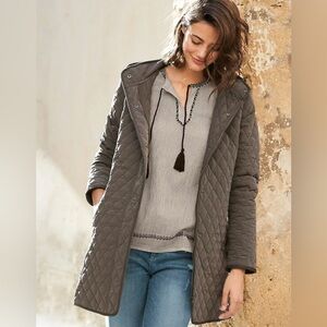 Garnet Hill Car Coat Quilted Hooded Jacket Women’s Size 4 Taupe Longer Length